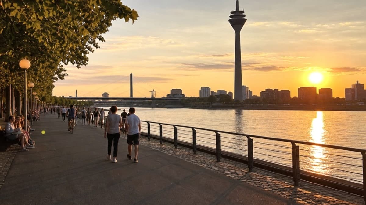 Menschen auf der Rheinuferpromenade in Düsseldorf bei Sonnenaufgang