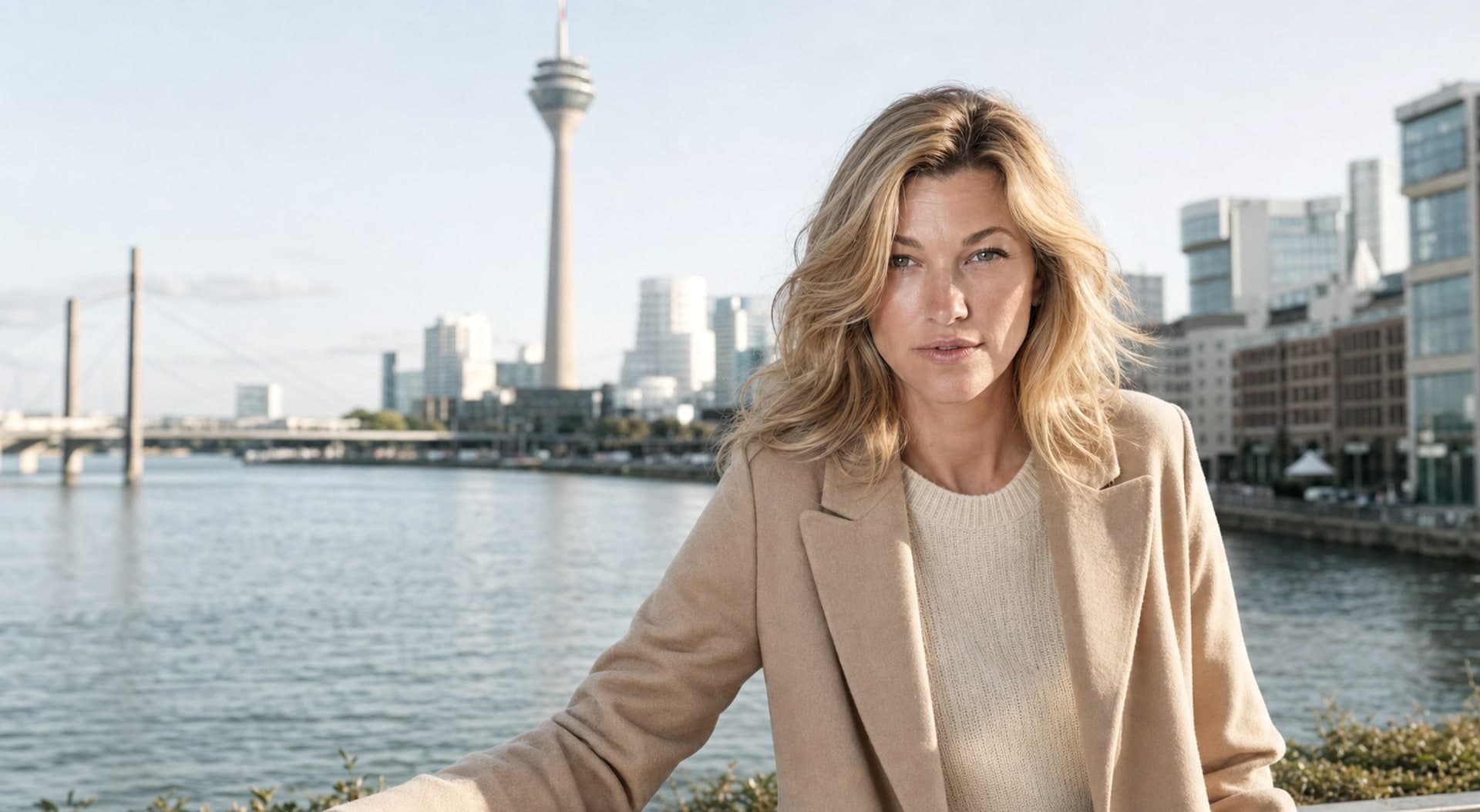 Nicole Junkermann sul Reno a Düsseldorf con la Rheinturm e lo skyline sullo sfondo